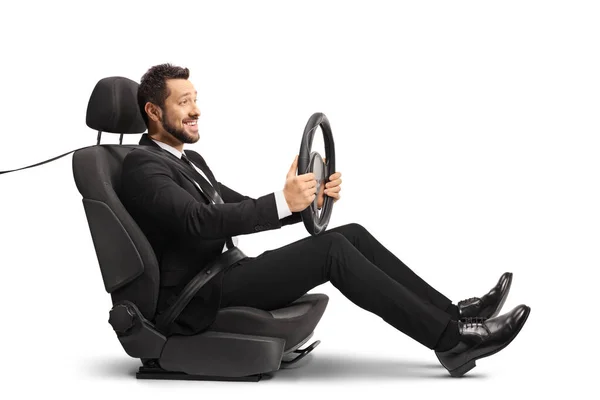 Man Suit Sitting Car Seat Driving Isolated White Background — Stock Photo, Image