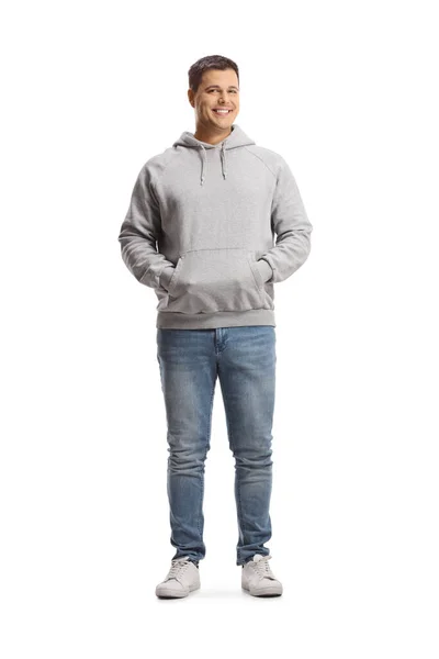 Full Length Portrait Young Man Gray Hoodie Jeans Isolated White — Stock Photo, Image