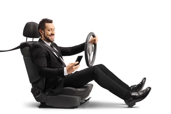 Businessman Looking Mobile Phonr Sitting Car Seat Driving Isolated White — Stock Photo, Image