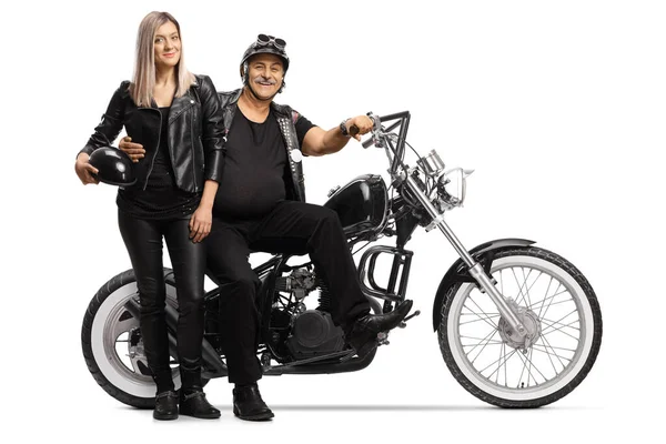 Mature Biker Young Woman Leather Clothes Standing Next His Chopper — Stock Photo, Image