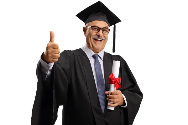 Feliz Hombre Maduro Vestido Graduación Sosteniendo Diploma Mostrando Los Pulgares —  Fotos de Stock