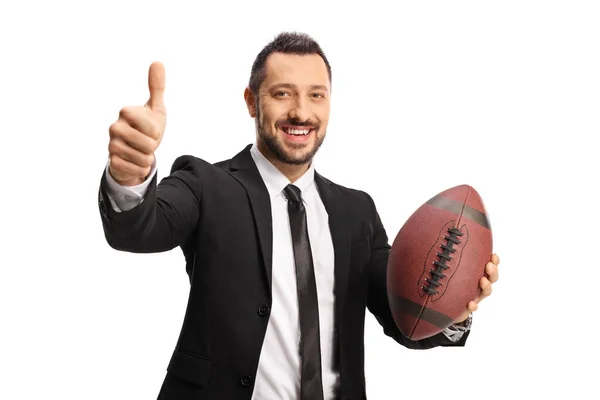 Smiling Businessman Holding Rugby Ball Gesturing Thumbs Isolated White Background — Stock Photo, Image