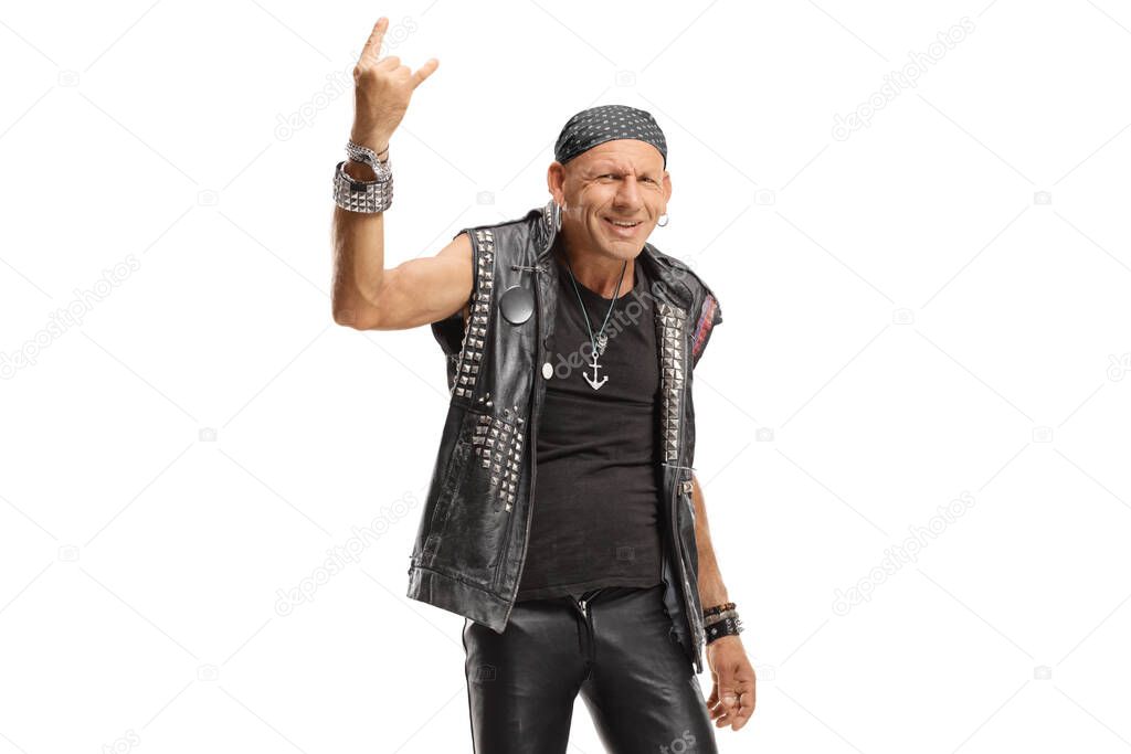 Hardcore punk with a headscarf showing horn sign isolated on white background