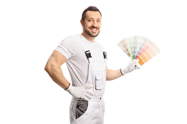 Haus Dekorateur Einer Weißen Uniform Hält Eine Farbpalette Isoliert Auf — Stockfoto