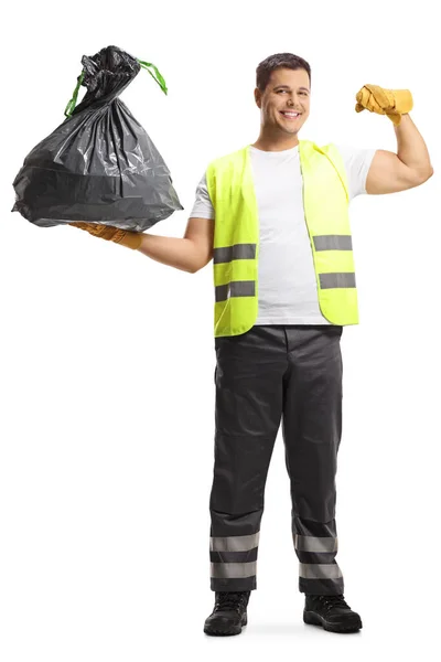 Full Length Portrait Waste Collector Uniform Gloves Holding Bin Bag — Stock Photo, Image