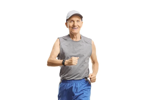 Anciano Corriendo Mirando Cámara Aislada Sobre Fondo Blanco —  Fotos de Stock