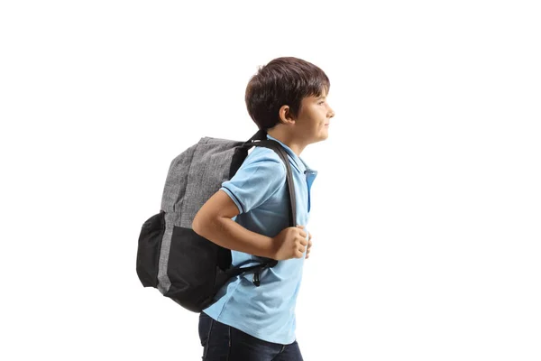 Beyaz Arka Planda Izole Edilmiş Sırt Çantalı Bir Çocuğun Profil — Stok fotoğraf