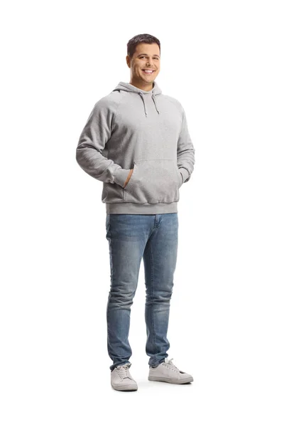 Full Length Portrait Young Man Gray Hoodie Jeans Posing Hands — Stock Photo, Image