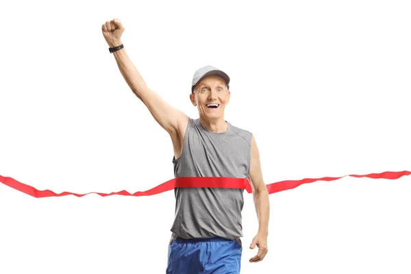 Homem Idoso Final Uma Maratona Gesticulando Felicidade Com Mão Isolada — Fotografia de Stock
