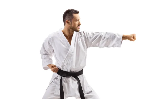 Hombre Kimono Ejerciendo Karate Aislado Sobre Fondo Blanco — Foto de Stock