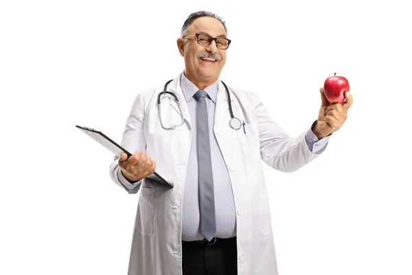 Smiling Mature Male Doctor Holding Red Apple Isolated White Background — Stock Photo, Image