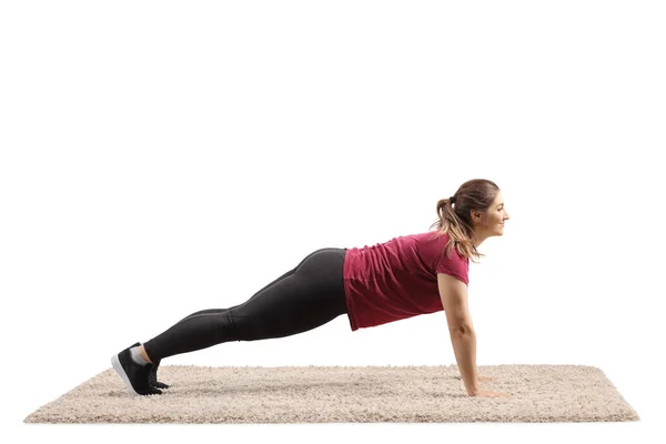 Jovem Mulher Exercitando Exercício Prancha Isolado Fundo Branco — Fotografia de Stock