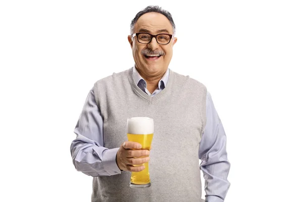 Happy Mature Man Holding Glass Cold Beer Isolated White Background — Stock Photo, Image