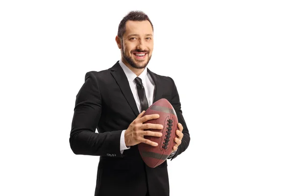 Young Man Suit Tie Holding Rugby Ball Isolated White Background — Stock Photo, Image