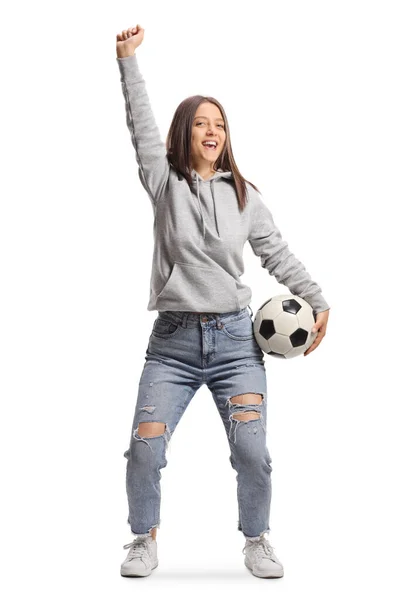 Abanico Fútbol Femenino Jeans Sudadera Con Capucha Sosteniendo Una Pelota — Foto de Stock