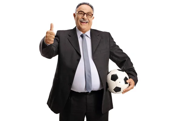 Exctied Mature Man Suit Tie Holding Football Gesturing Thumb Solated — Stock Photo, Image