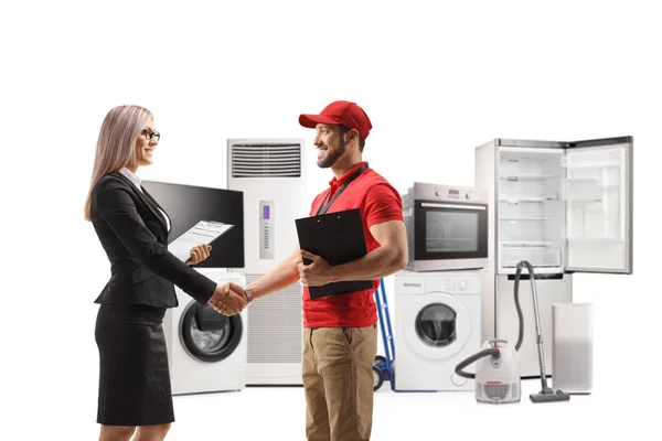 Full Length Profile Shot Shop Assistant Electircal Appliances Store Shaking — Stock Photo, Image