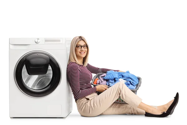 Young Woman Leaning Washing Machine Seated Holding Basket Clothes Isolated — Stock Photo, Image