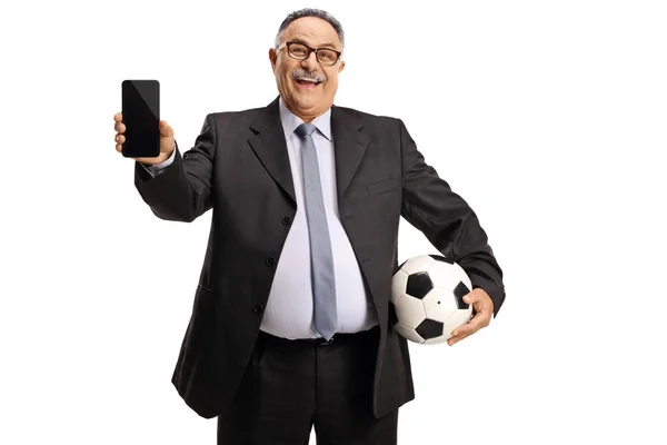 Mature Businessman Holding Soccer Ball Mobile Phone Solated White Background — Stock Photo, Image