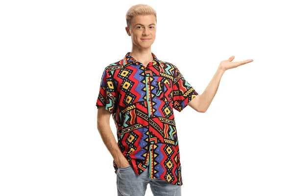 Guy Bleached Hair Colorful Shirt Gesturing Hand Isolated White Background — Stock Photo, Image