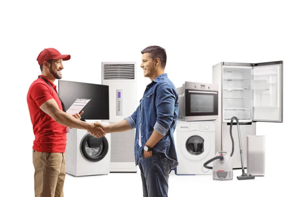 Shop Assistant Electircal Appliances Store Shaking Hands Customer Isolated White — Stock Photo, Image