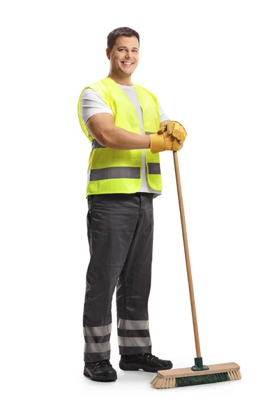 Full Length Portrait Young Male Cleaner Uniform Holding Broom Isolated — Stock Photo, Image