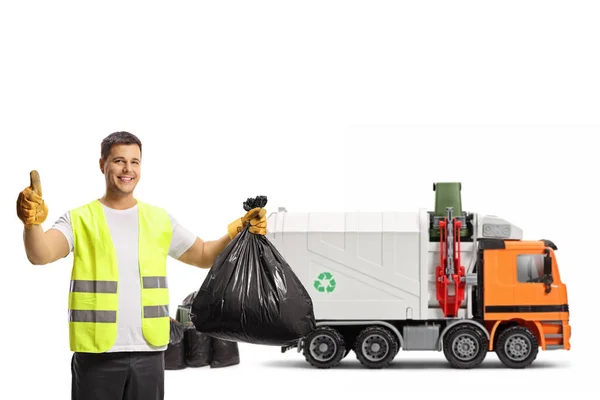 Coletor Resíduos Com Caminhão Lixo Segurando Saco Plástico Mostrando Polegares — Fotografia de Stock