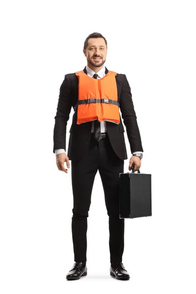 Full Length Portrait Businessman Wearing Life Vest Isolated White Background — Stock Photo, Image