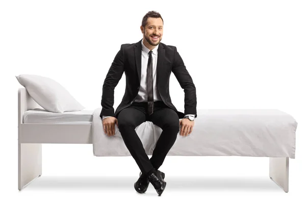 Full Length Shot Businessman Suit Tie Sitting Bed Isolated White — Stock Photo, Image