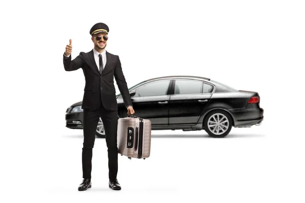 Full Length Portrait Chauffeur Carrying Suitcase Gesturing Thumb Sign Isolated — Stock Photo, Image