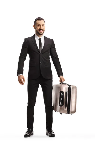 Portrait Complet Homme Costume Cravate Portant Une Valise Regardant Caméra — Photo