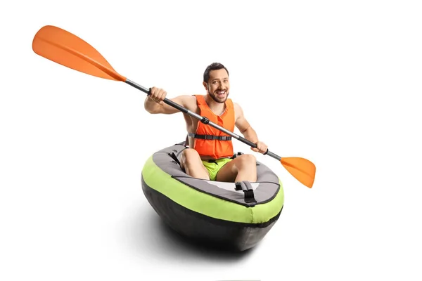 Smiling Young Man Canoe Life Vest Paddle Isolated White Background — Stock Photo, Image