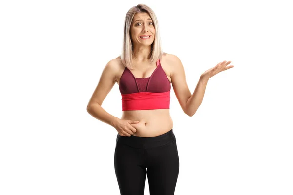 Woman Sad Face Gaining Weight Showing Her Belly Isolated White — Stock Photo, Image