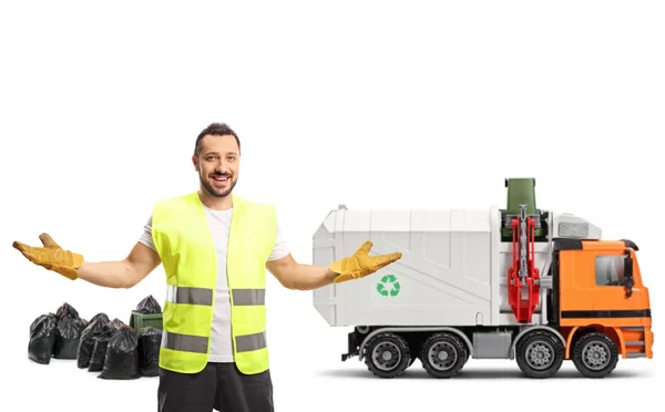 Waste Collector Front Garbage Truck Gesturing Hands Isolated White Background — Stock Photo, Image