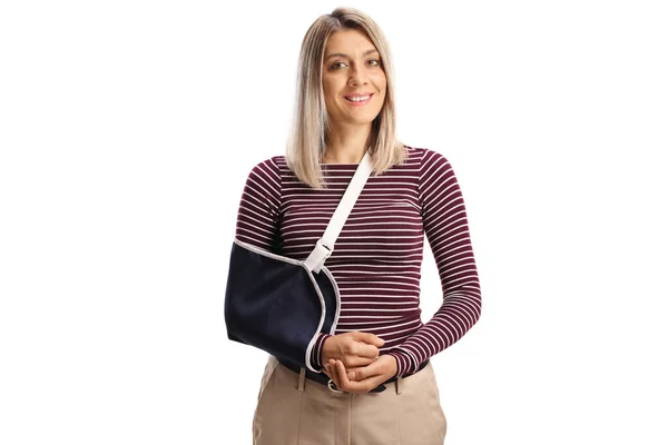 Young Woman Broken Arm Wearing Arm Splint Smiling Camera Isolated — Stock Photo, Image