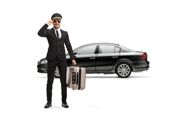 Full Length Portrait Chauffeur Carrying Suitcase Greeting His Cap Isolated — Stock Photo, Image