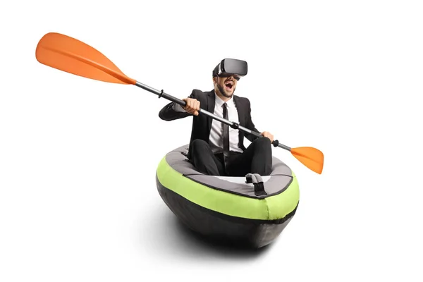 Businessman Kayak Paddling Wearing Headset Isolated White Background — Stock Photo, Image