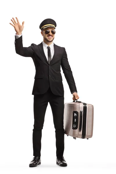 Full Length Portrait Professional Chauffeur Carrying Suitcase Waving Isolated White — Photo