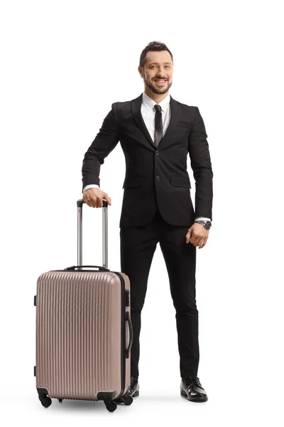 Full Length Portrait Businessman Holding Suitcase Handle Smiling Isolated White — ストック写真
