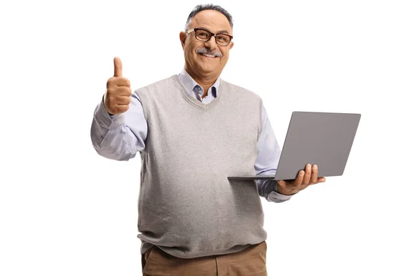 Casual Mature Man Holding Laptop Computer Gesturing Thumb Sign Isolated — Stockfoto