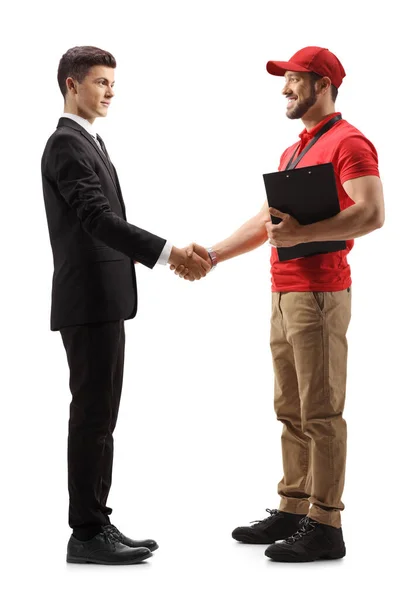 Händedruck Zwischen Einem Arbeiter Und Einem Jungen Mann Anzug Und — Stockfoto