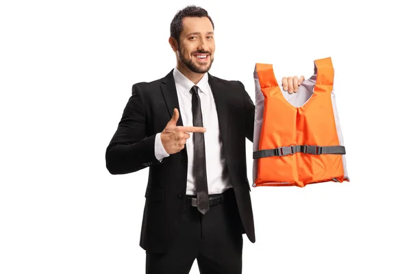 Businessman Holding Life Vest Pointing Isolated White Background — Stockfoto