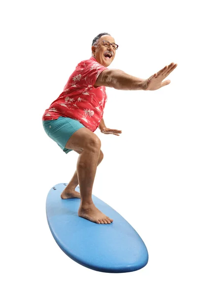 Mature Man Riding Surfing Board Isolated White Background — Stok fotoğraf