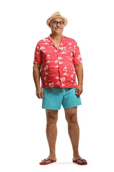 Full Length Portrait Mature Male Tourist Smiling Camera Isolated White — Stock Photo, Image