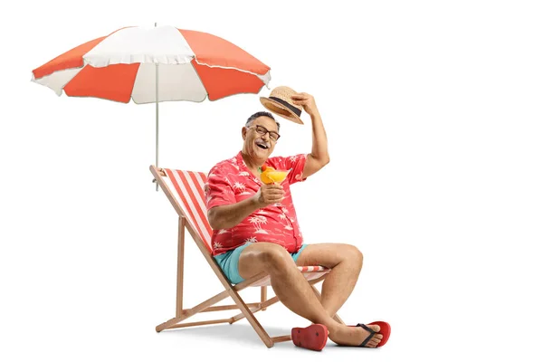 Mature Tourist Toasting Cocktail Sitting Beach Chair Umbrella Isolated White — Stock Photo, Image