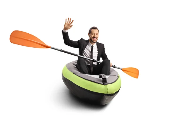 Businessman Sitting Kayak Waving Isolated White Background — Stock fotografie