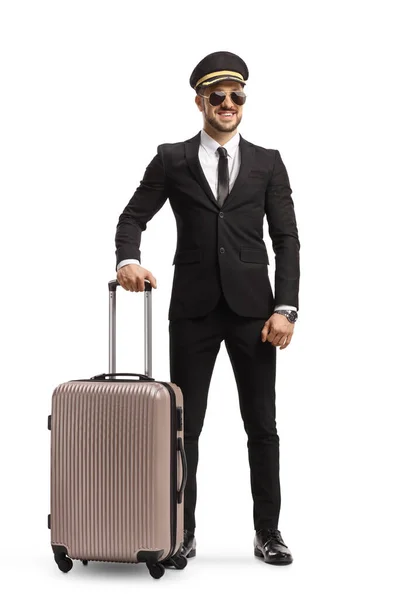 Full Length Portrait Man Suit Tie Sunglasses Cap Carrying Suitcase — Stockfoto