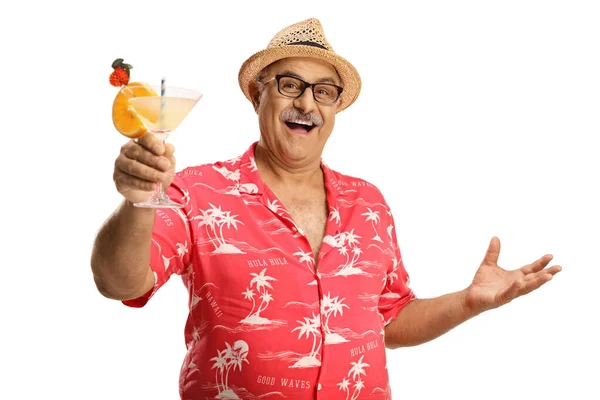 Happy Mature Male Tourist Red Shirt Toasting Cocktail Isolated White — Photo