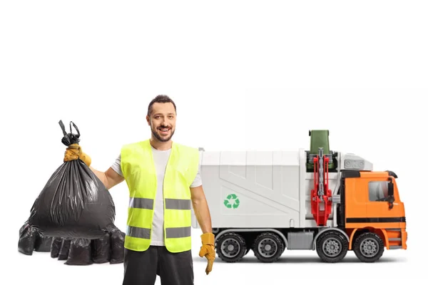 Waste Collector Holding Bin Bag Front Garbage Truck Isolated White — Photo