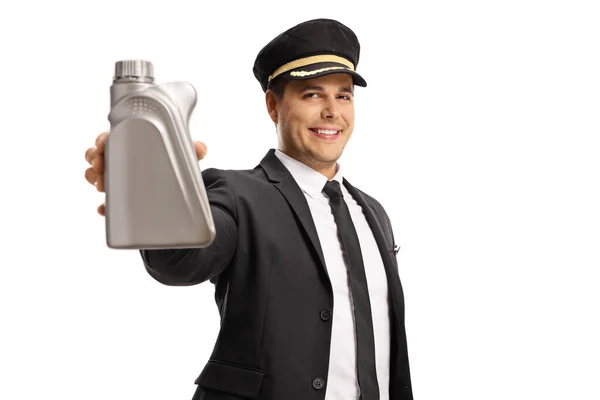 Smiling Young Professional Chauffeur Uniform Holding Bottle Engine Oil Isolated — ストック写真